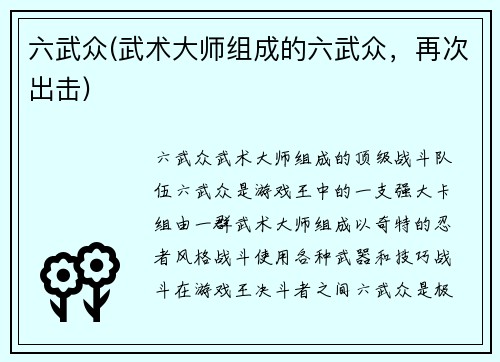 六武众(武术大师组成的六武众，再次出击)